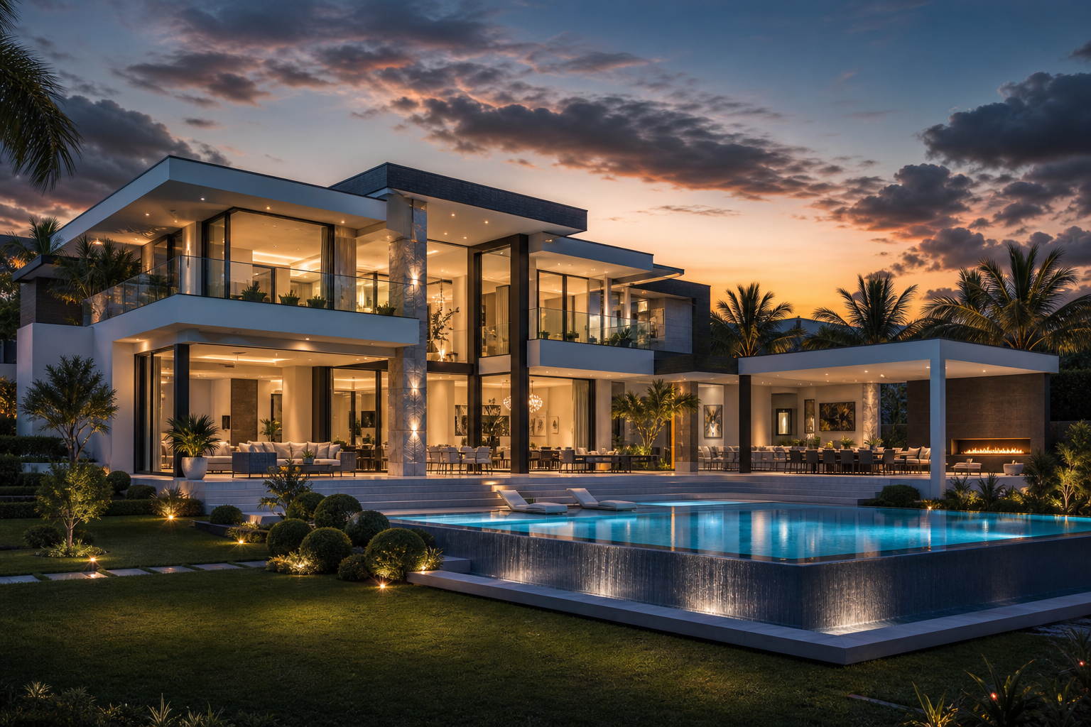 Mansão com piscina ao entardecer